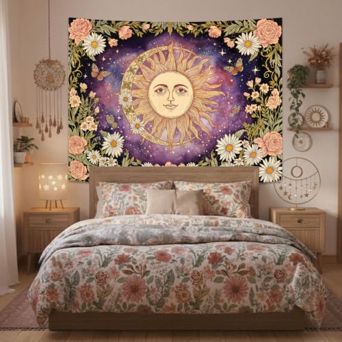 Vintage Sun and Moon Boho Hippie Purple Floral Tapestry 48 x 36 Inch