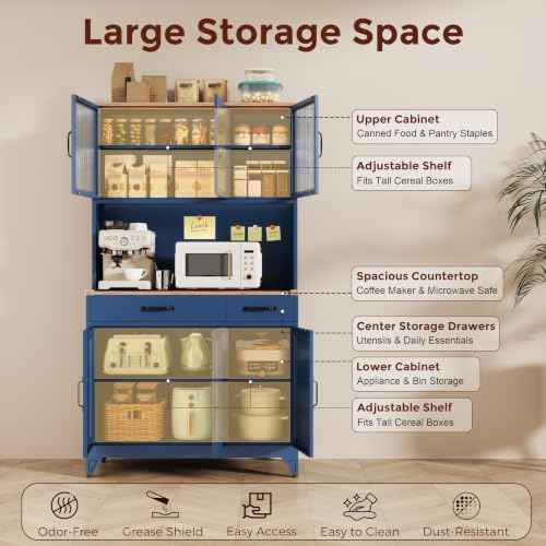 74.8" Tall Metal Pantry Cabinet with Charging Station & LED Light