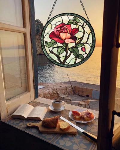 Stained Glass Window Hanging Red Rose Suncatcher Gifts for Women 6.3"