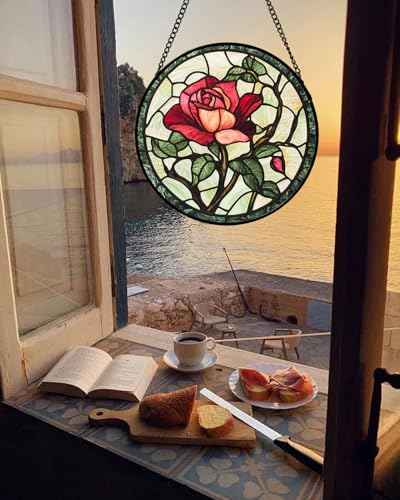 Stained Glass Window Hanging Red Rose Suncatcher Gifts for Women 15"