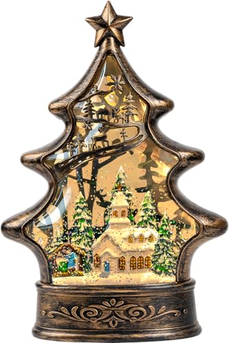 Musical Snow Globe Christmas Tree Lantern Lighted Church with Nativity Manger Scene Water Lantern in Swirling Glitter