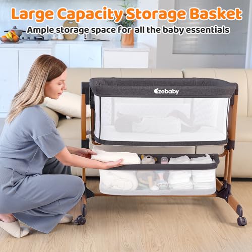3-in-1 Baby Bassinet, Rocking Baby Bassinets Bedside Sleeper, Adjustable Portable Crib for Newborn Infant with Wheels Storage Basket and Mesh Sides