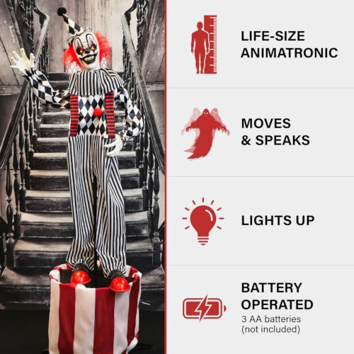 5.9 Ft. Talking Clown on Stage Halloween Animatronic (6ft Clown on Stand)
