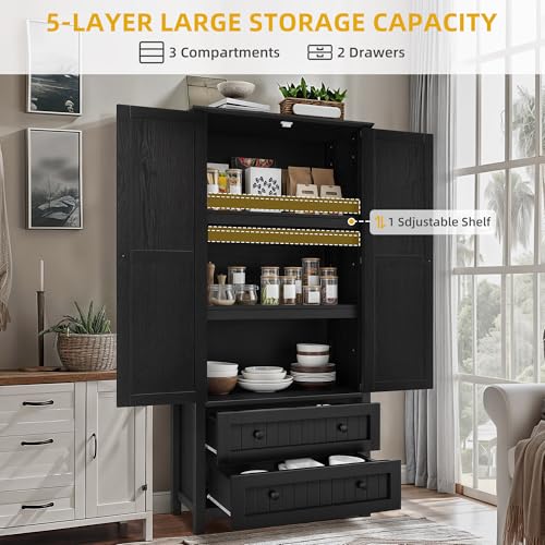 64.5" Farmhouse Pantry Cabinet with 2 Drawers & Shelves