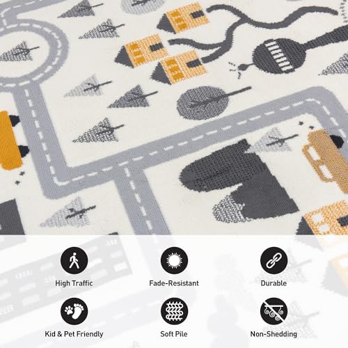 Kids Play Road Cityscape Playroom Runner Rug Cream 2' x 7'