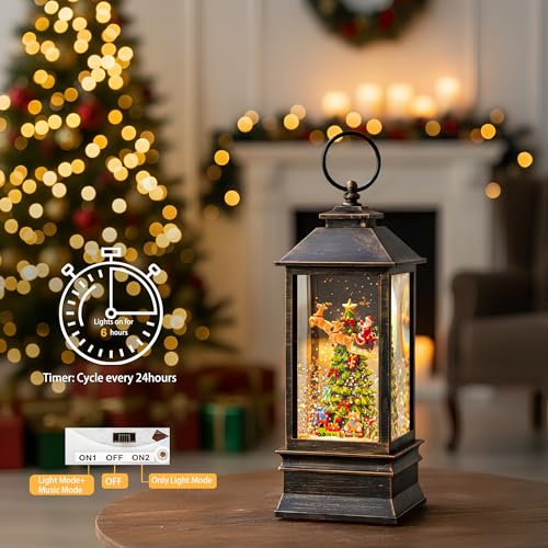 10'' Musical Snow Globe Lantern Lighted Christmas Tree and Flying Santa Water Lantern Swirling Glittering Home Decoration and Gift