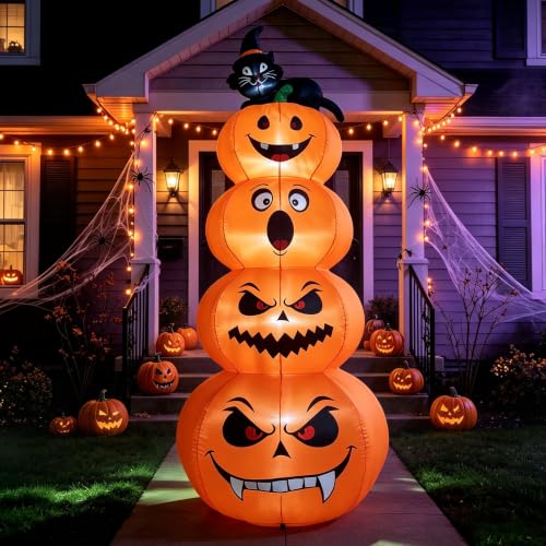 8FT Halloween Inflatable Stacked Pumpkins with Black Cat & LED Lights (Orange)