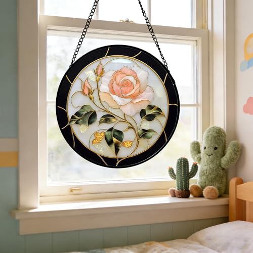 Pink Rose Stained Glass Window Hanging Suncatcher Gifts for Women 7.8"