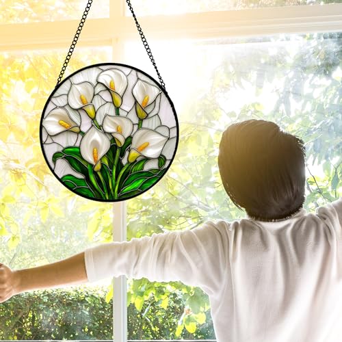 White Calla Lily Bouquet Stained Glass Window Hanging Suncatcher Gifts 12"