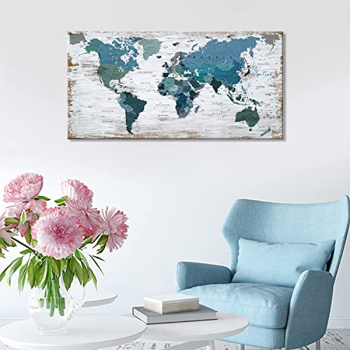 Teal Decor World Map Canvas Wall Art Pictures for Living Room Wall Decoration Blue Wall Decor Office World Map Wall Art Picture Framed Artwork for Home Bedroom Decoration 30"x60"