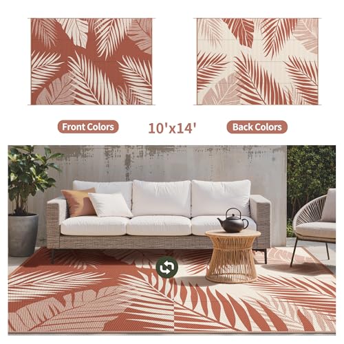 Outdoor Rug Waterproof Plastic Rugs 10'x14' for Camping Brick Red (140 Sq Ft)