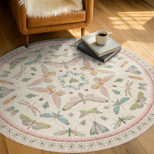 Insect Pink and Blue 5ft Round Area Rug for Living Room (25 Sq Ft)