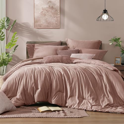Queen Comforter Set 7 Pieces Dusty Pink Cationic Dyeing Bed in a Bag