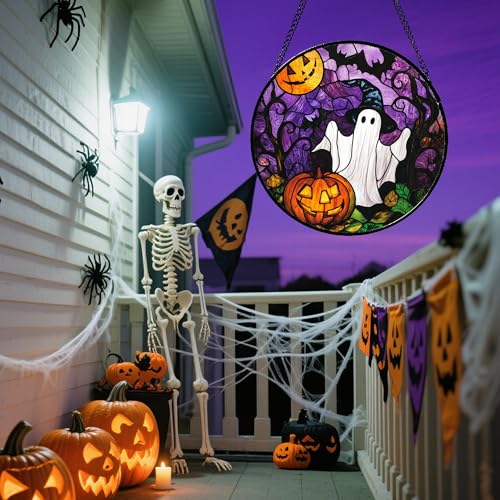Stained Glass Window Hanging Halloween White Ghost Black Bat 11.8"