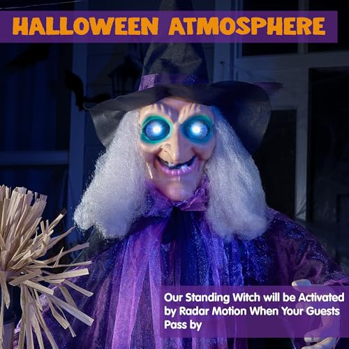 72" Outdoor Halloween Decorations Witch Life Size Animated with LED Eyes and Creepy Sound (Purple)