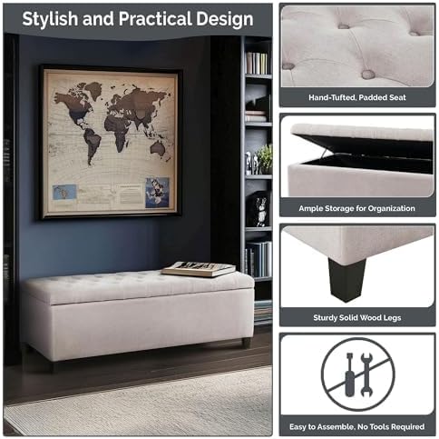 Madison Park Entryway Accent Bench for Living Room Flip Top Storage Chest, Shandra Tufted Top Upholstered Storage Bench End of Bed for Bedroom Furniture, Indoor Seating, 49"Wide, Grey
