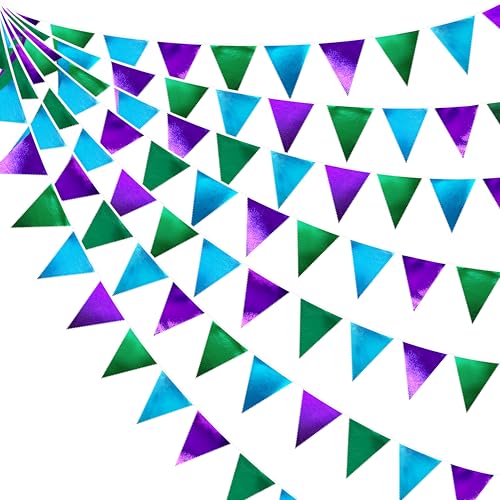 Blue Green Purple Party Decorations Metallic Fabric Triangle Pennant Banner Flag Bunting for Men Boys Video Game Theme Birthday Graduations Retirement Wedding Bachelor Baby Shower Party Supplies (36 Count)