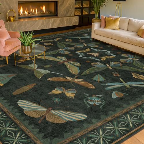 Dark Green Insect Area Rugs 8x10 for Living Room (80 Sq Ft)