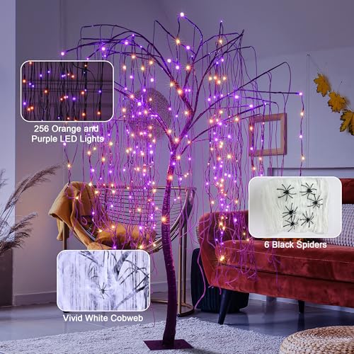 7 FT Halloween Lighted Willow Tree 256 LED Orange and Purple Lights Artificial Weeping Willow Tree with 6 Spiders Outdoor Indoor Decoration Christmas Festival Party Home Decor (Orange and Purple)
