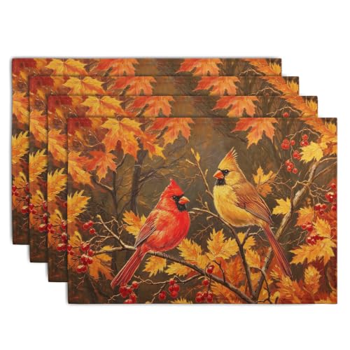 Maple Leaf Birds Fall Placemats Set of 4 Rustic Autumn Colored Maple Forest Tree Place Mat Seasonal Thanksgiving Harvest Table Mats for Party Kitchen Dining Outdoor Indoor Decor (4 Count)