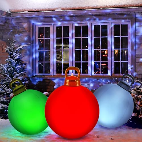 3 Pcs Outdoor Light Up Christmas Ball Decorations Large Christmas Inflatable PVC Decorated Balls with Light 24 Inch (3 Count)