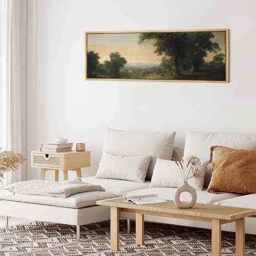 Large Framed Canvas Print Wall Art Pastoral Countryside Landscape Serene River View with Cows and Trees Illustrations Fine Art Illustrations Decorative Colorful for Bedroom