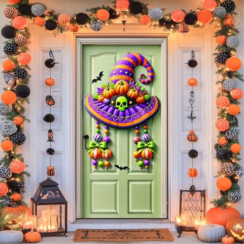 Halloween Entryway Banner Witch Hat Skull 35x71 Inch Polyester