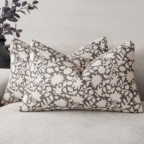 Set of 2 Decorative Neutral Floral Throw Pillow Covers Accent Farmhouse Cushion Covers Boho Lumbar Pillowcase for Couch Sofa Bedroom Living Room Home Decor (2 Count)