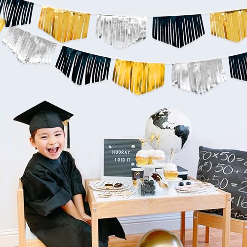 Black Silver Gold Tassel Banner Double Sided Metallic Fabric Pennant Bunting Flag Garland for Graduation Birthday Anniversary Bachelorette Engagement Wedding Bridal Shower Party Decorations Supplies (16.93 Foot)