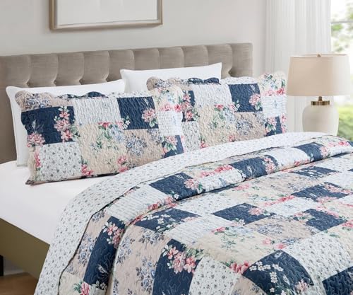 Pink Rose & Blue Toile Patchwork Quilt Set
