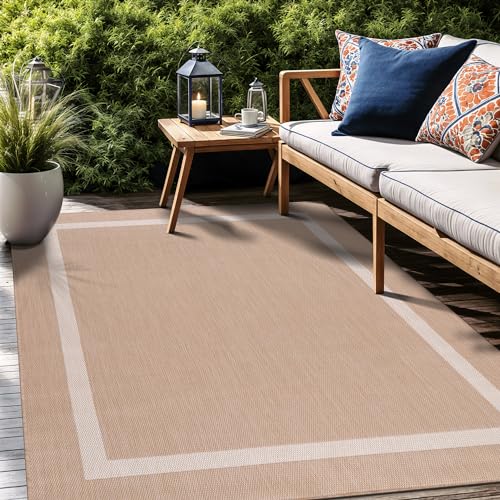 Bordered Outdoor Rug 8x10 Washable Outside Carpet for Indoor Patio Porch Waterproof Easy Cleaning Non Shedding Area Rugs Beige 8 x 10