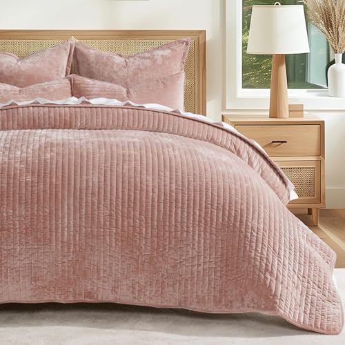 Stripe Channel Luxury Velvet Quilt Set Queen Size