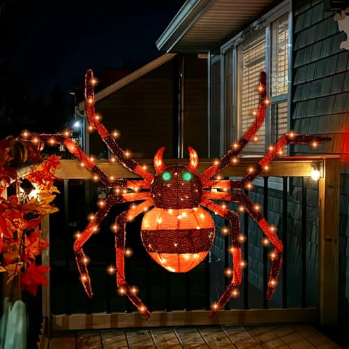 1 Piece】 4.6Ft Giant Spider Halloween Decorations Outdoor 55" Light Up Spider with 90 LED Lights for Front Yard (ZZ-006)