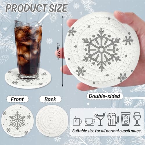 Winter Snowflake Coasters Handmade Braided Cotton Drink Coasters Pink Gray Christmas Snowflake Absorbent Cup Mats for Drinks Coffee Xmas Holiday Party Home Office Desk Table Decor (4 Count)