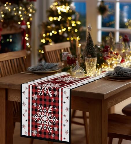 Christmas Table Runner Snowflakes Christmas Decorations with Red Buffalo