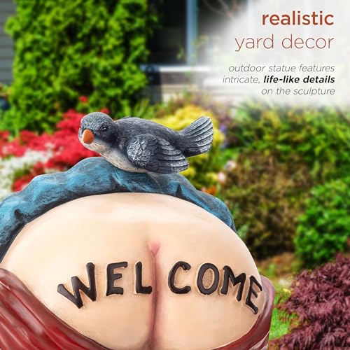22" Tall Outdoor Mooning "Welcome" Gnome Statue with Bird Figurine