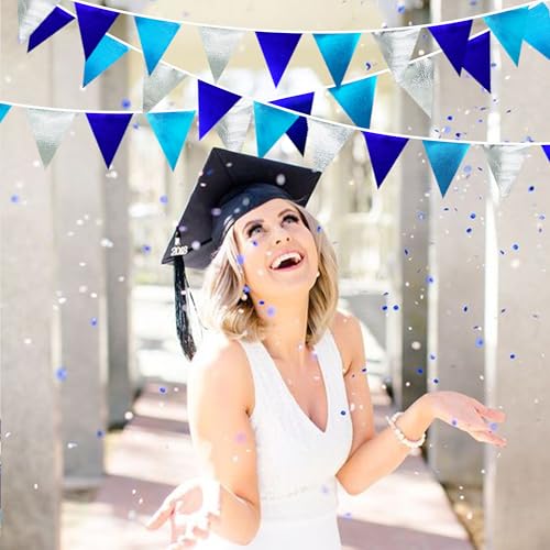 Navy Blue Silver Party Decorations Metallic Fabric Triangle Pennant Banner Flag Bunting Garland for Graduation Birthday Retirement Wedding Bachelorette Nautical Ahoy Achor Outdoor Party Supplies (36 Count)