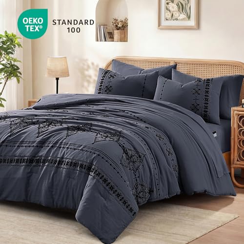 Full Size Comforter Set Embroidery Floral 7 Pieces Bed in a Bag
