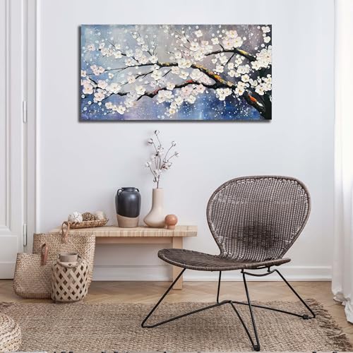 Plum Blossom Painting Wall Art For Living Room Blue And White Wall Art For Office Women Modern Art Wall Decor Bedroom Size 20 x 40 Inch