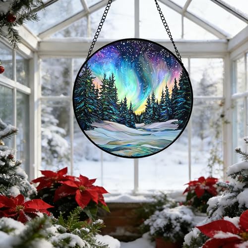 Aurora Landscape Stained Glass Window Hanging Suncatcher Xmas Gifts 15"
