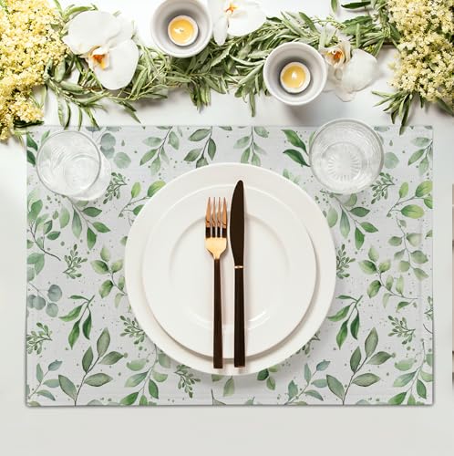 Sage Green Eucalyptus Leaves Placemats Set of 4 Spring Summer Watercolor Leaf Table Mats 12x18 Inch Seasonal Holiday Rustic Farmhouse Linen Fabric Place Mat for Kitchen Dining Decor (4 Count)