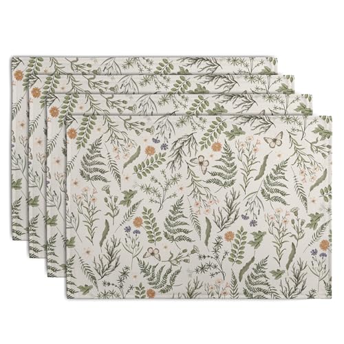 Sage Green Wild Flower Spring Summer Placemats Set of 4 Seasonal Wildflower Plants Herbs Linen Table Mats 12x18 Inch Vintage Floral Place Mats for Farmhouse Kitchen Dining Decoration (4 Count)