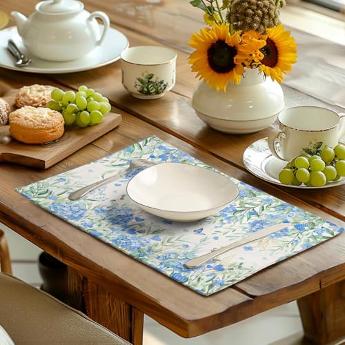 Hydrangea Spring Summer Placemats Set of 4 Sage Green Eucalyptus Leaves Blue Floral Butterfly Placemat 12x18 Inch Seasonal Holiday Table Place Mats for Farmhouse Kitchen Dining Decor (4 Count)