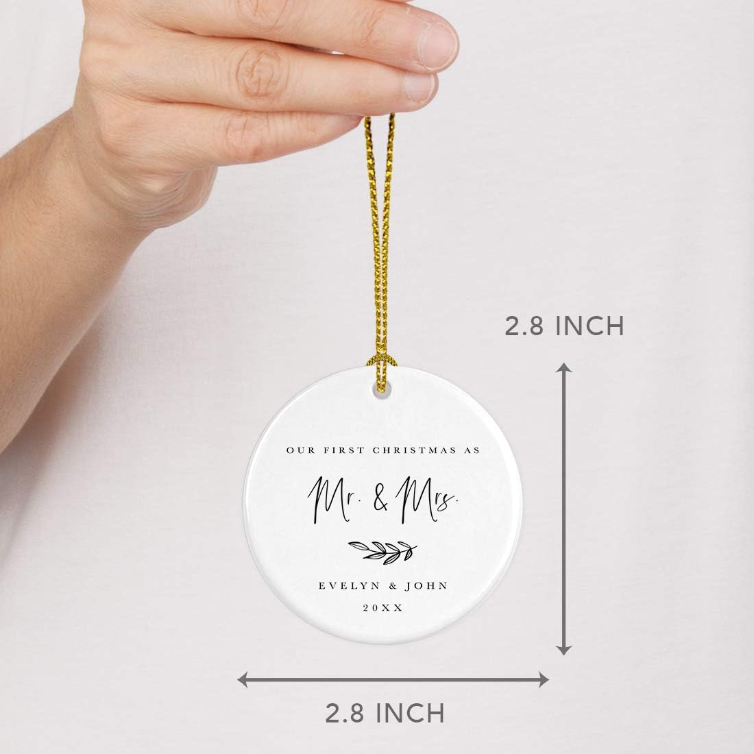 Andaz Press Personalized Wedding Round Ceramic Porcelain Christmas Tree Ornament Engagement Keepsake Collectible Gift Our First Christmas as Mr. & Mrs, Evelyn & John 2024, Antique Handdrawn, 1-Pack
