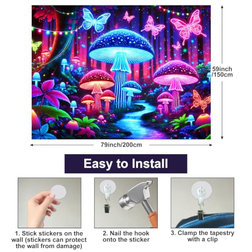 Blacklight Tapestry Butterfly Mushroom Wall Art 78 x 59 Inch