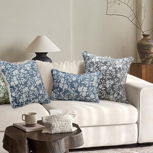 Floral Throw Pillow Covers 20x20 Set of 2 Farmhouse Jacquard Decorative Pillowcovers Couch Pillows for Living Room Accent Sofa Pillows Blue (2 Count)