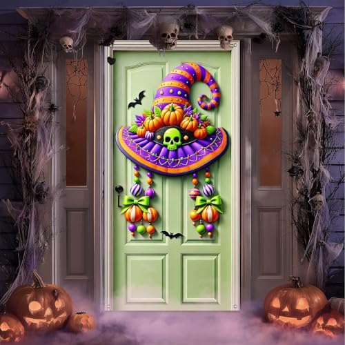 Halloween Entryway Banner Witch Hat Skull 35x71 Inch Polyester
