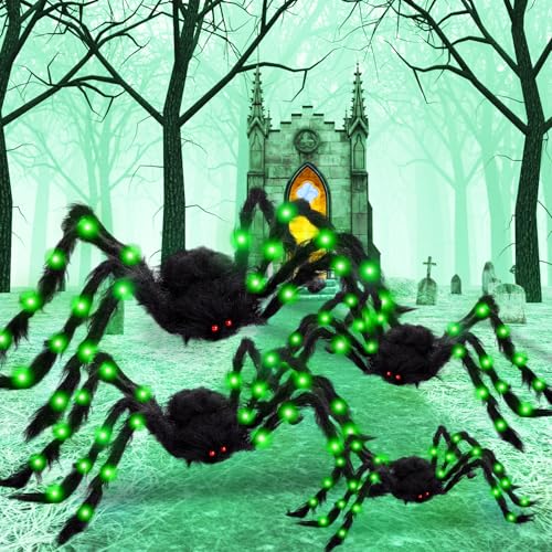 4 Pack Large Halloween Light up Spiders Decorations 4ft 2.9ft 2.4ft 2ft Black Fake Giant Light up Spider Bendable Outdoor Yard for Halloween Garden Party Decor (Green)