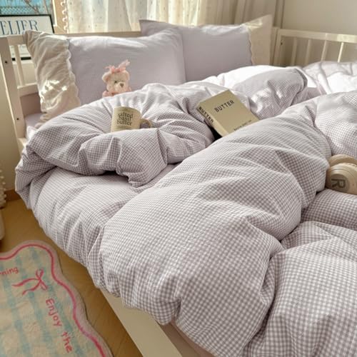 Purple Gingham Comforter Set Queen Romantic Lace Style Checkered Pattern Comforter Set Farmhouse Purple Grid Plaid Bedding Comforter Queen Fluffy Soft Lightweight Gingham Bedding Set