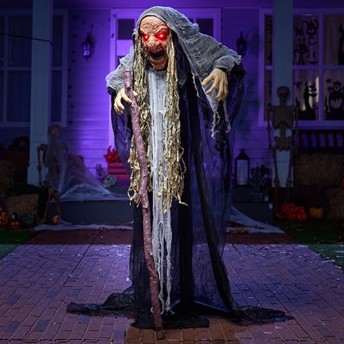 62” Halloween Decorations Outdoor Animatronics Standing Hunchback Witch with Light Creepy Sound Decor